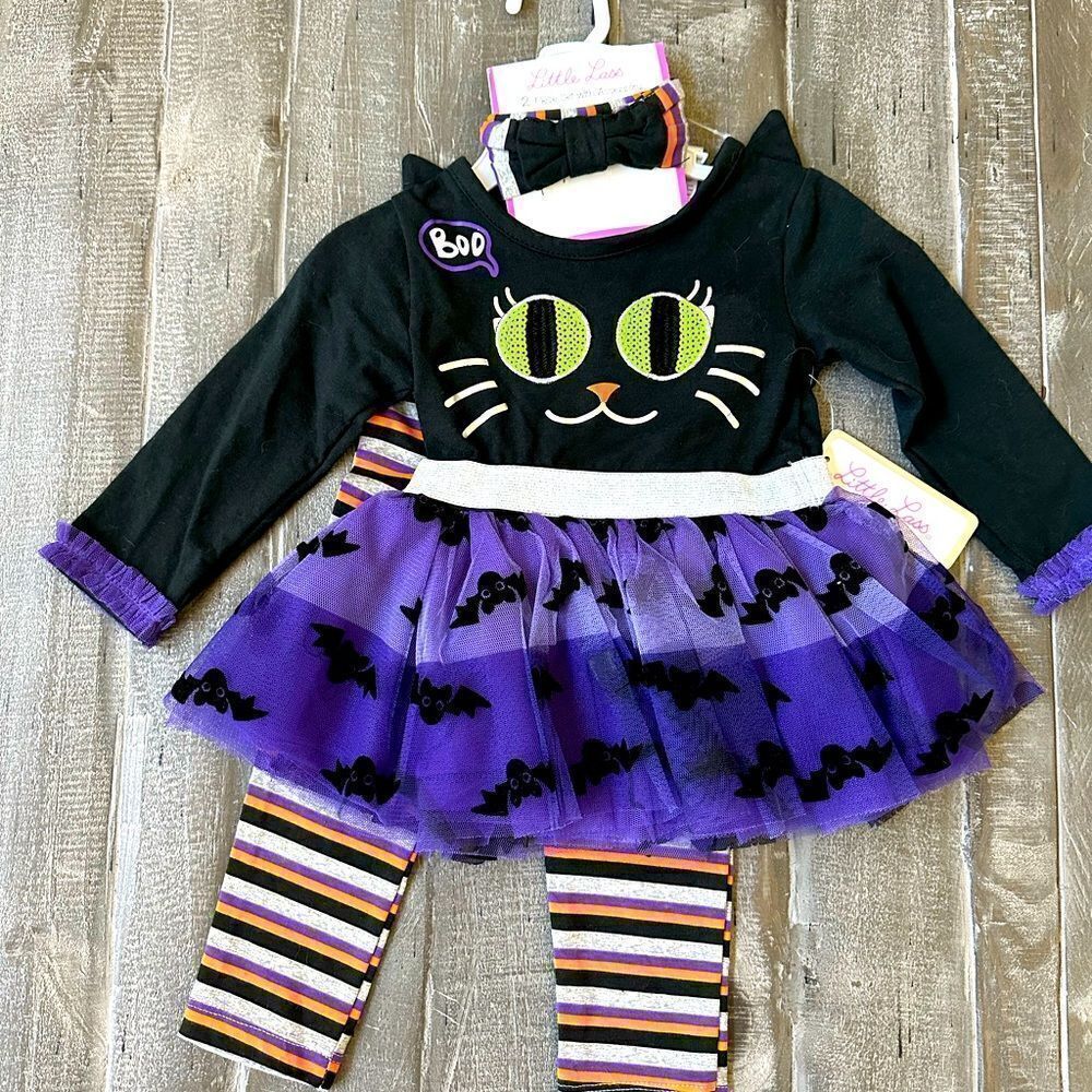Girls Halloween Black Cat 2-pc Costume Outfit Headband Set 12 Mo